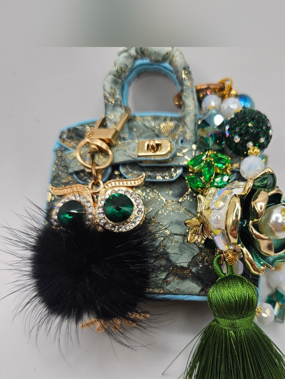 Green Metallic Mini Tote Bag with Chain And Charm